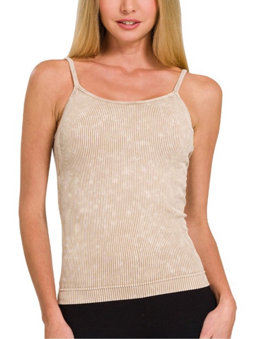 Women’s Seamless Mocha Stone Wash Ribbed Spaghetti Strap Built-In Bra Tank